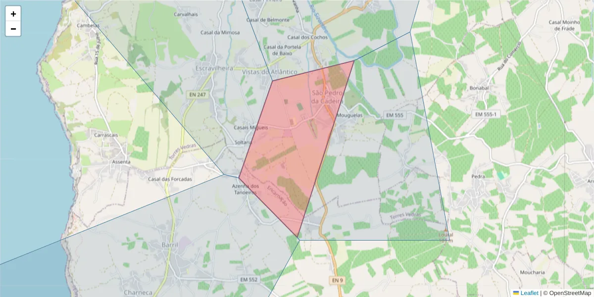 Mapa detalhado do código postal 2560-200 com limites, códigos postais vizinhos e agências dos correios