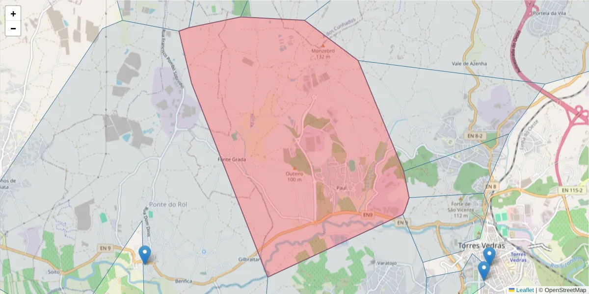Mapa detalhado do código postal 2560-232 com limites, códigos postais vizinhos e agências dos correios