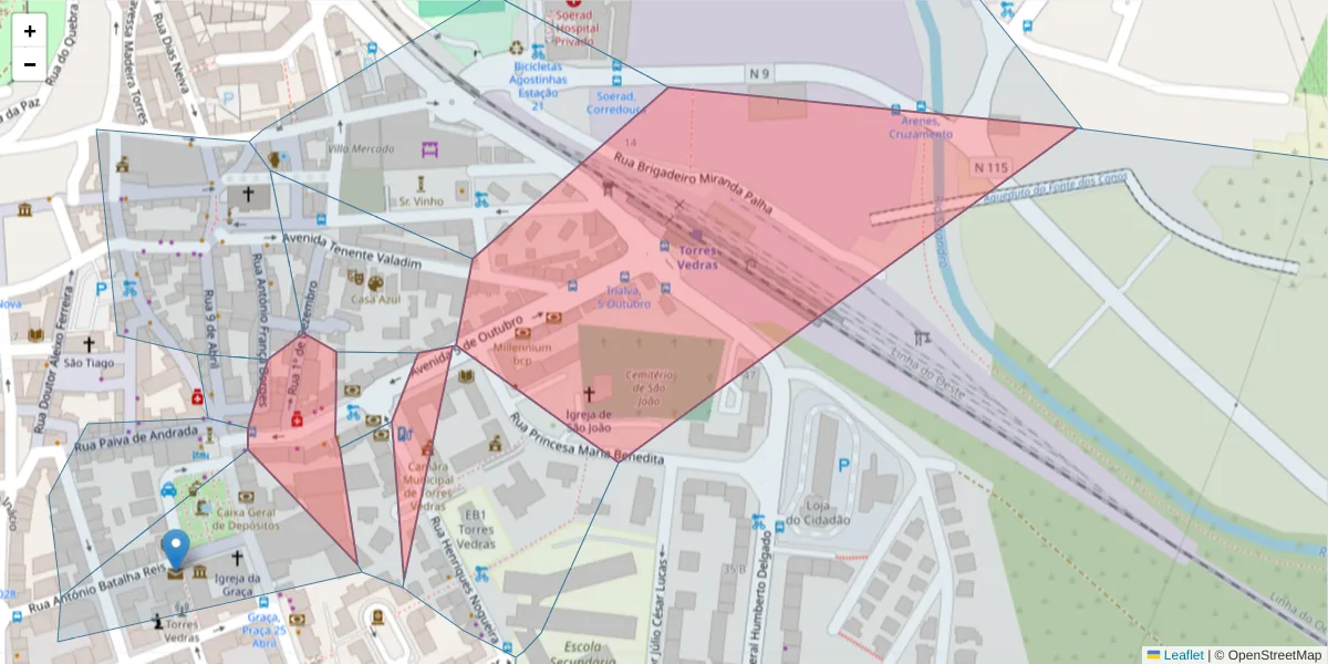 Mapa detalhado do código postal 2560-270 com limites, códigos postais vizinhos e agências dos correios