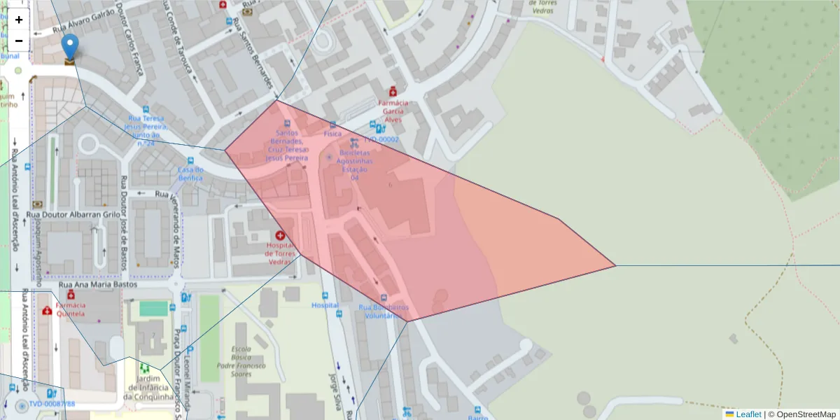 Mapa detalhado do código postal 2560-291 com limites, códigos postais vizinhos e agências dos correios