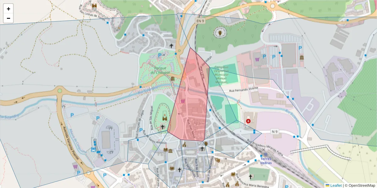 Mapa detalhado do código postal 2560-321 com limites, códigos postais vizinhos e agências dos correios
