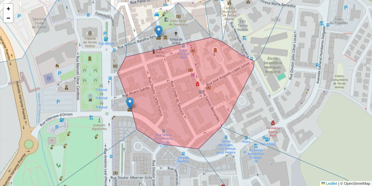 Mapa detalhado do código postal 2560-362 com limites, códigos postais vizinhos e agências dos correios