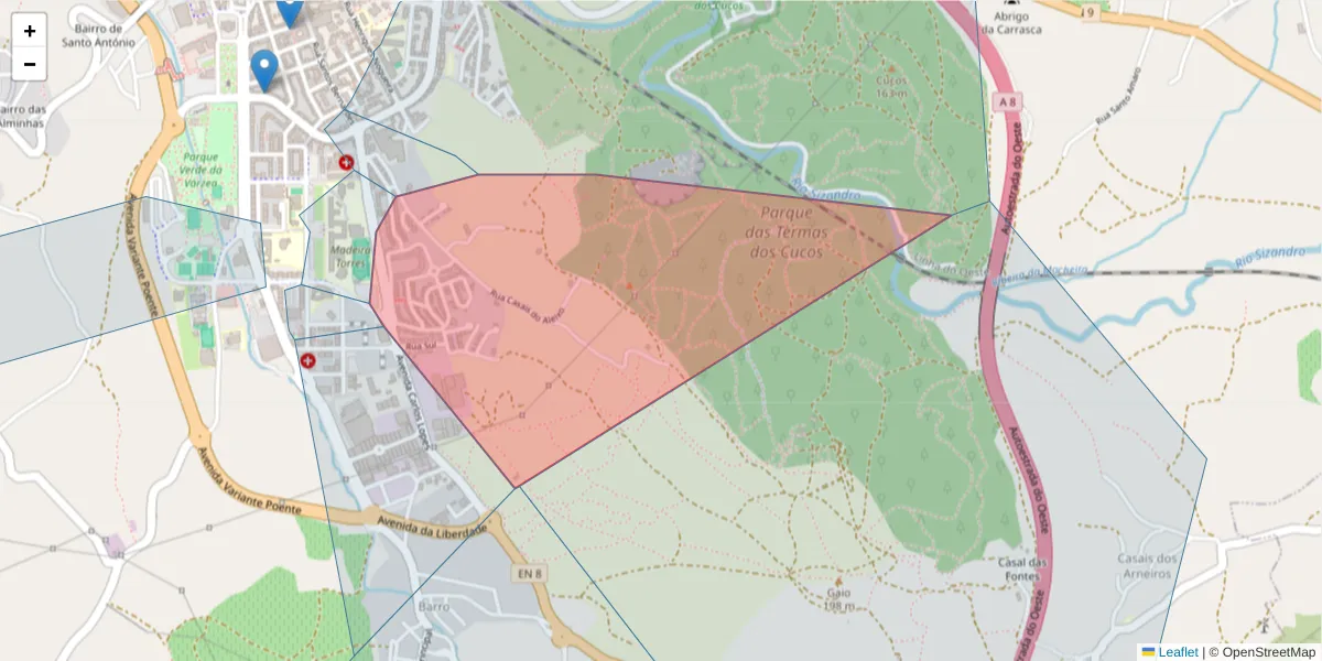 Mapa detalhado do código postal 2560-619 com limites, códigos postais vizinhos e agências dos correios