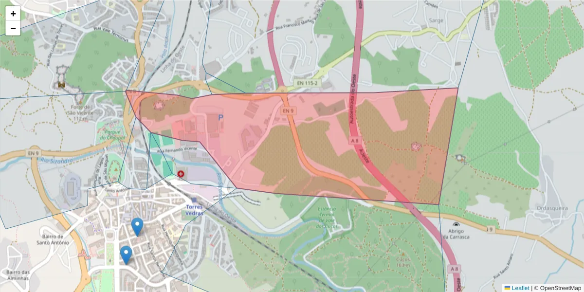 Mapa detalhado do código postal 2560-628 com limites, códigos postais vizinhos e agências dos correios