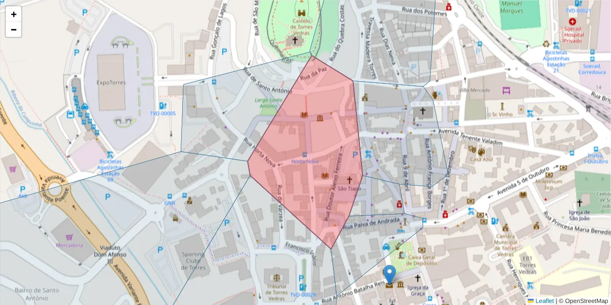 Mapa detalhado do código postal 2560-636 com limites, códigos postais vizinhos e agências dos correios