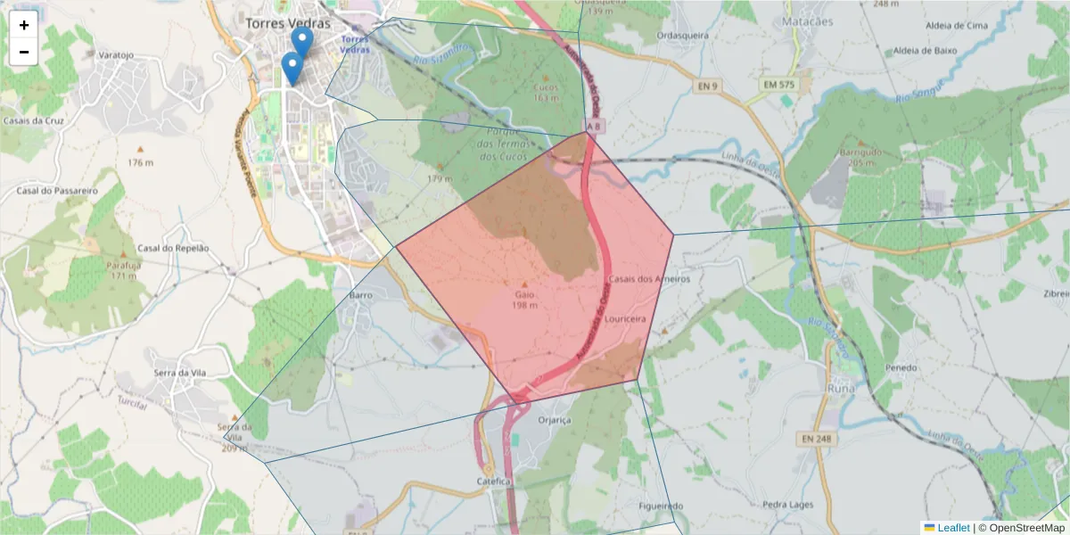 Mapa detalhado do código postal 2564-911 com limites, códigos postais vizinhos e agências dos correios