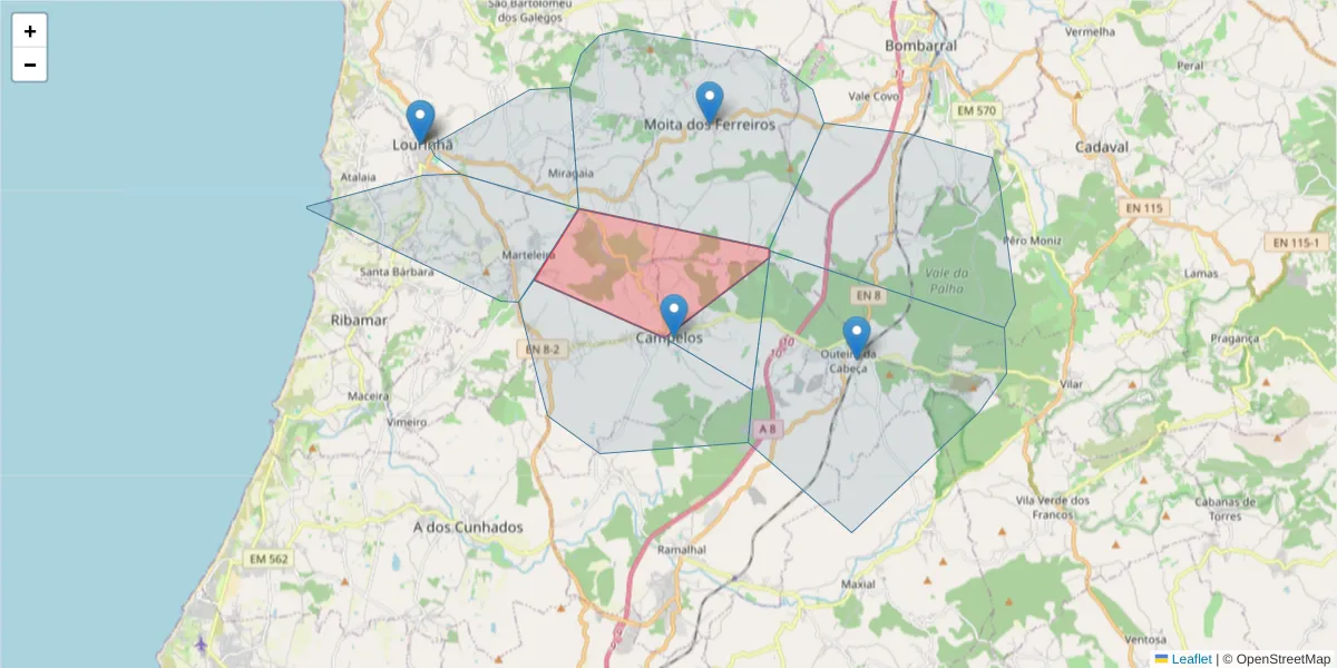 Mapa detalhado do código postal 2565-028 com limites, códigos postais vizinhos e agências dos correios