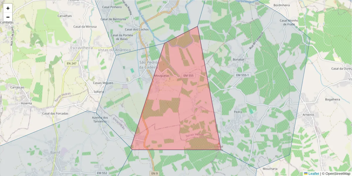 Mapa detalhado do código postal 2565-186 com limites, códigos postais vizinhos e agências dos correios