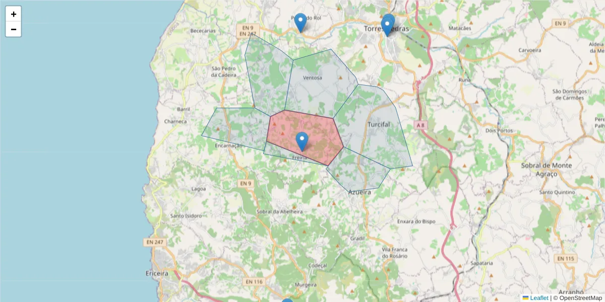 Mapa detalhado do código postal 2565-281 com limites, códigos postais vizinhos e agências dos correios