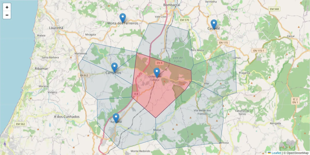 Mapa detalhado do código postal 2565-591 com limites, códigos postais vizinhos e agências dos correios