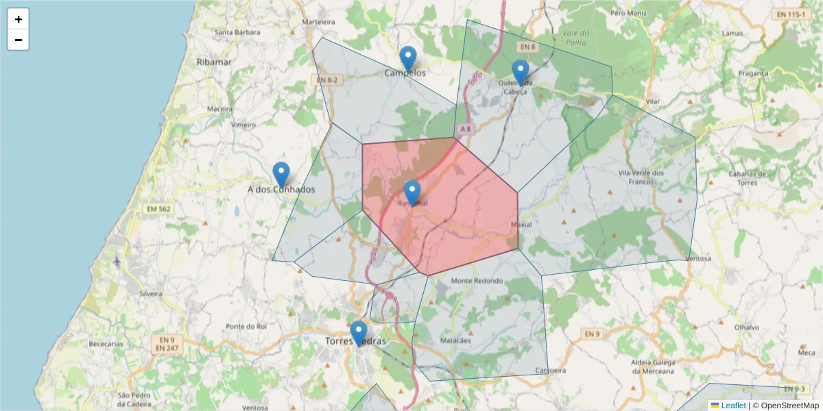 Mapa detalhado do código postal 2565-668 com limites, códigos postais vizinhos e agências dos correios