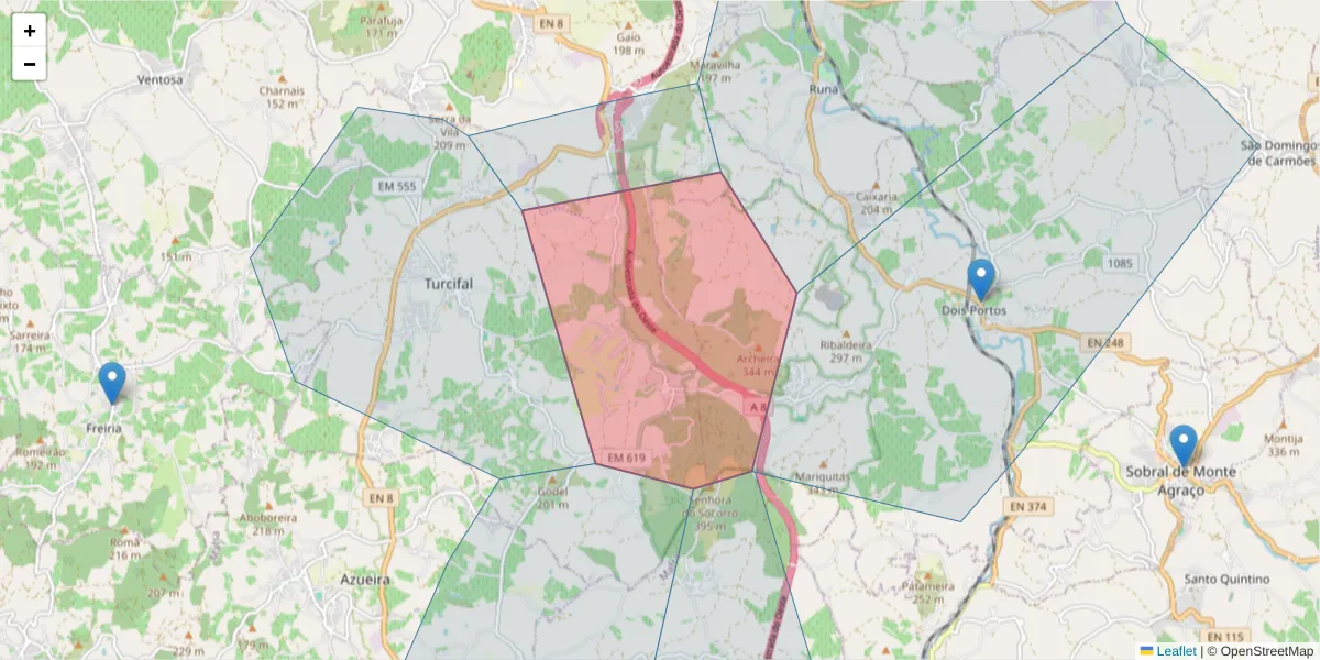 Mapa detalhado do código postal 2565-775 com limites, códigos postais vizinhos e agências dos correios