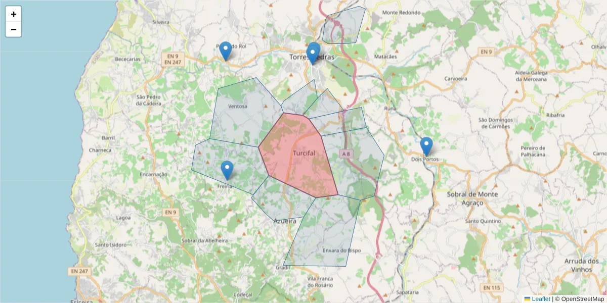 Mapa detalhado do código postal 2565-814 com limites, códigos postais vizinhos e agências dos correios
