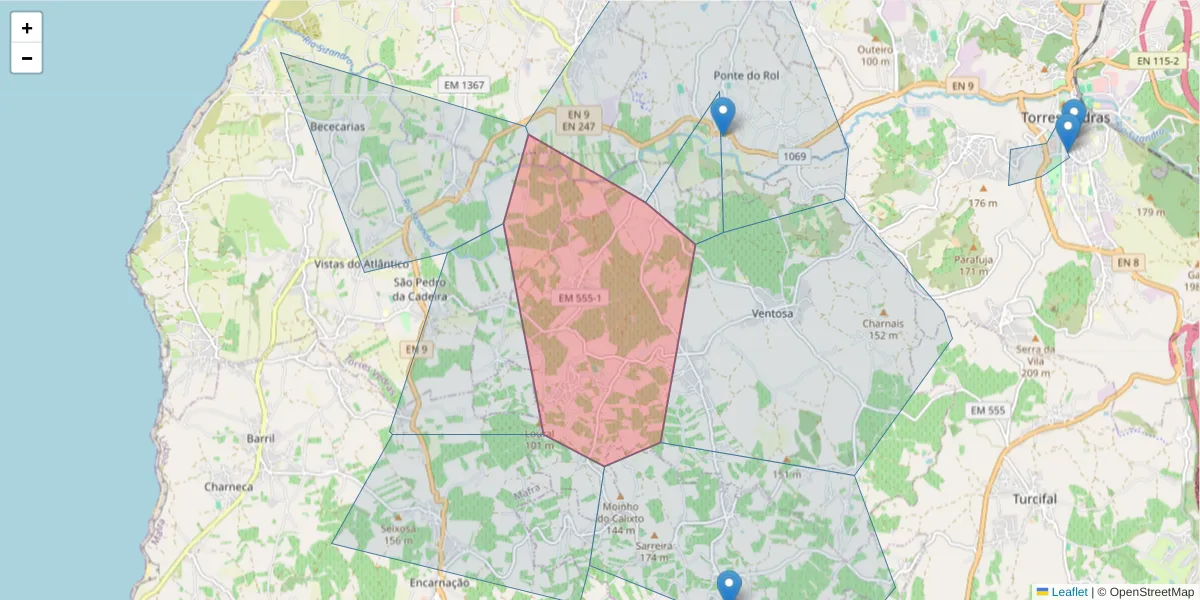 Mapa detalhado do código postal 2565-835 com limites, códigos postais vizinhos e agências dos correios