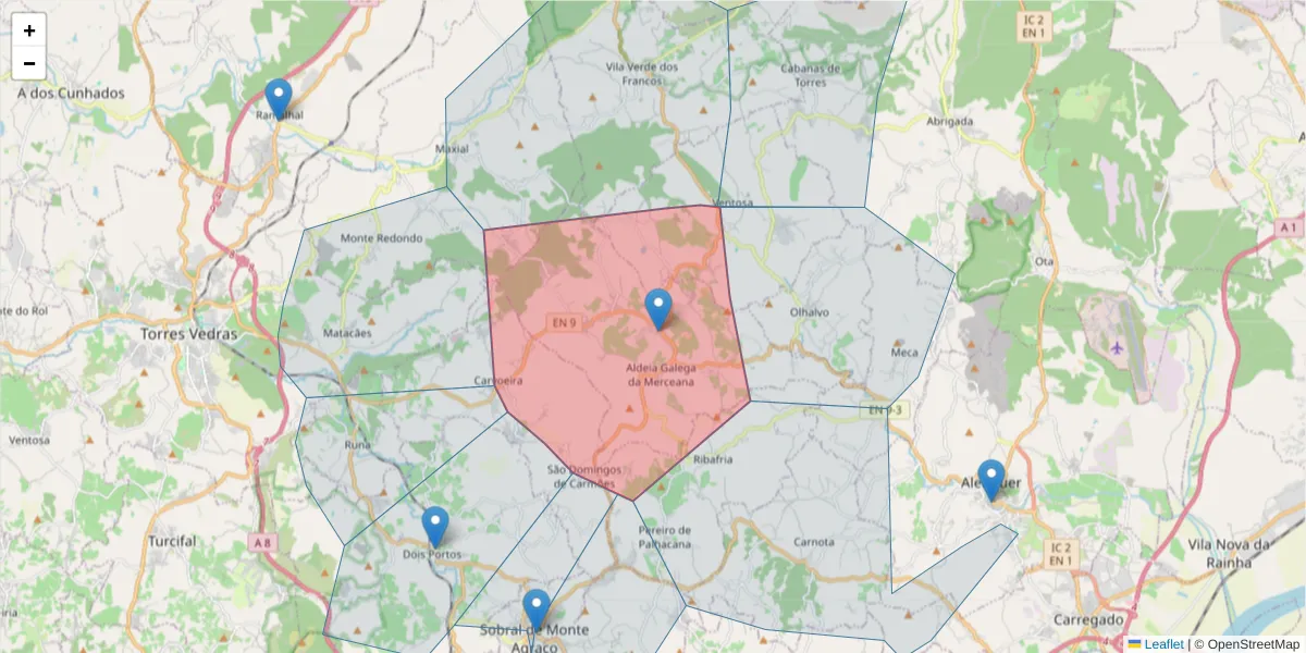 Mapa detalhado do código postal 2580-087 com limites, códigos postais vizinhos e agências dos correios