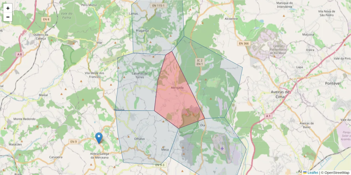 Mapa detalhado do código postal 2580-097 com limites, códigos postais vizinhos e agências dos correios