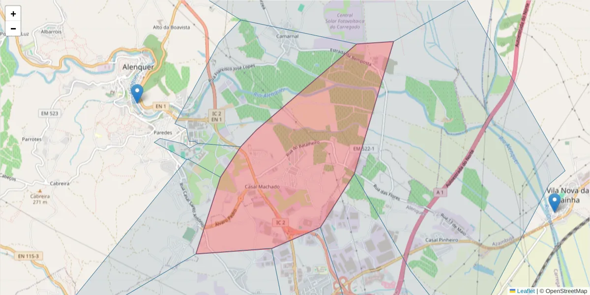 Mapa detalhado do código postal 2580-351 com limites, códigos postais vizinhos e agências dos correios