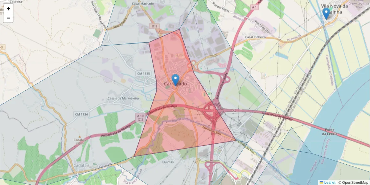 Mapa detalhado do código postal 2580-505 com limites, códigos postais vizinhos e agências dos correios