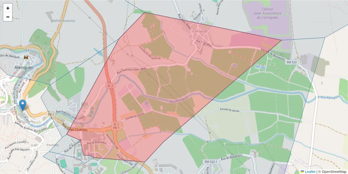 Mapa detalhado do código postal 2580-578 com limites, códigos postais vizinhos e agências dos correios