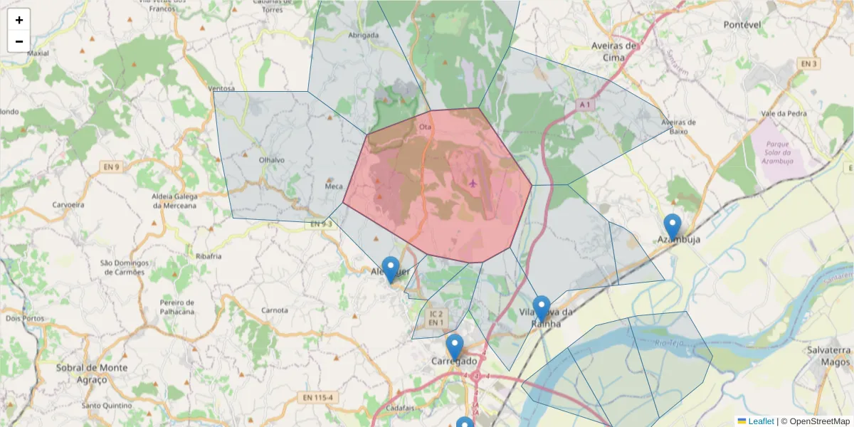 Mapa detalhado do código postal 2580-667 com limites, códigos postais vizinhos e agências dos correios