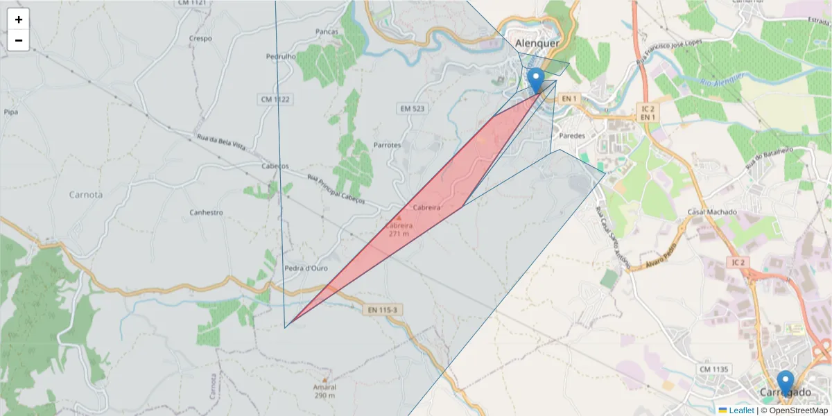 Mapa detalhado do código postal 2580-999 com limites, códigos postais vizinhos e agências dos correios