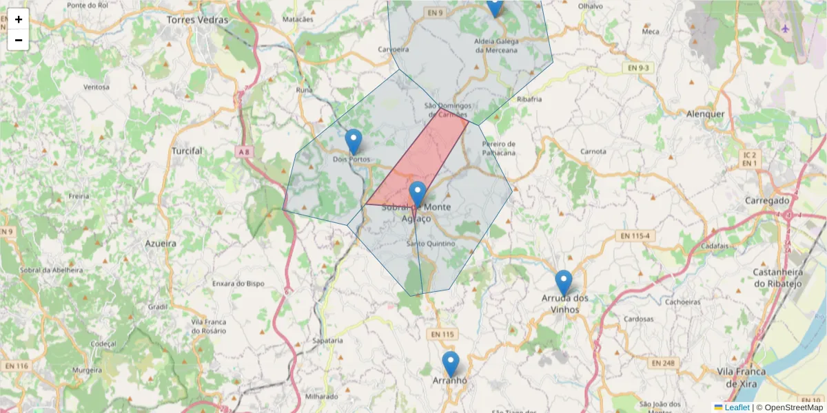 Mapa detalhado do código postal 2590-041 com limites, códigos postais vizinhos e agências dos correios