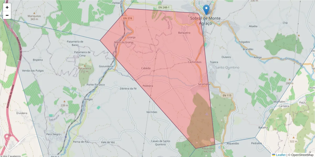 Mapa detalhado do código postal 2590-081 com limites, códigos postais vizinhos e agências dos correios