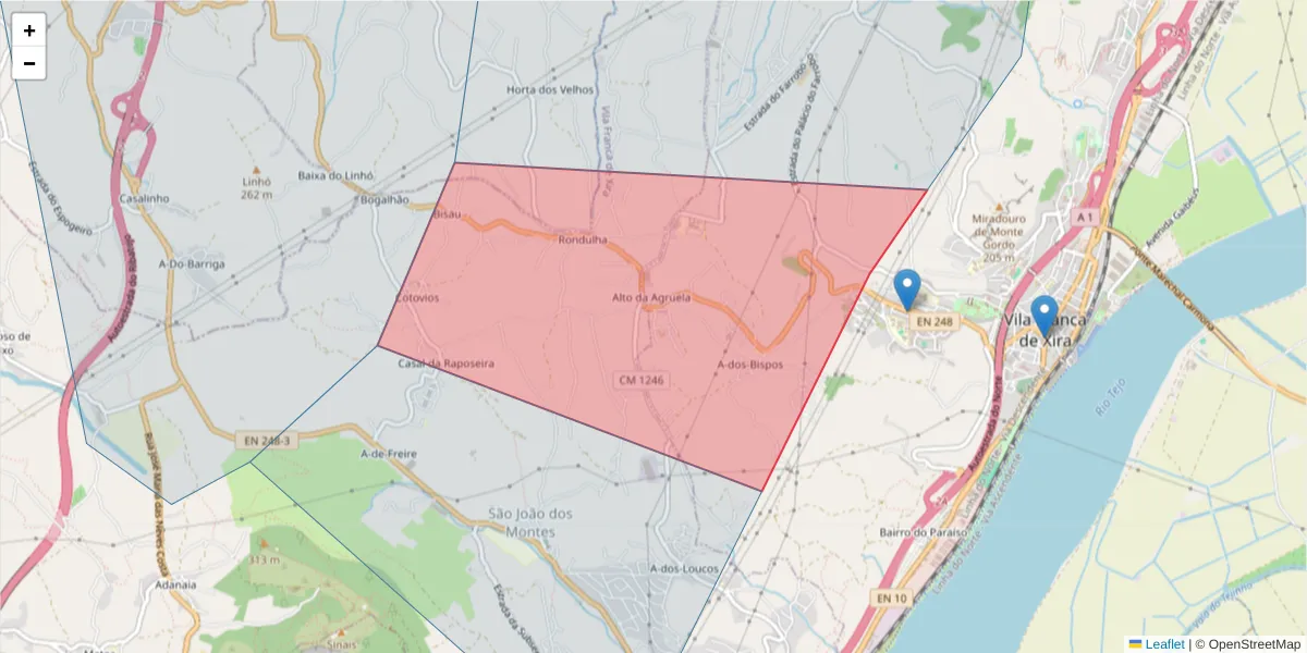Mapa detalhado do código postal 2600-154 com limites, códigos postais vizinhos e agências dos correios