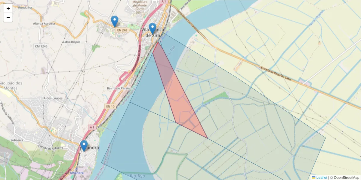 Mapa detalhado do código postal 2600-180 com limites, códigos postais vizinhos e agências dos correios