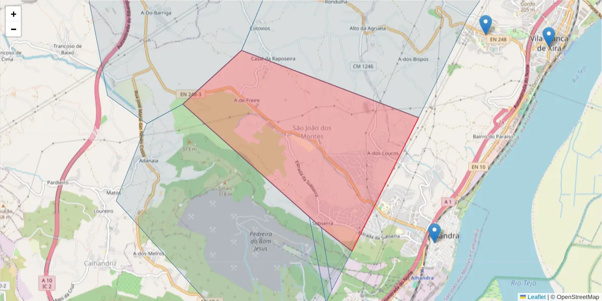 Mapa detalhado do código postal 2600-535 com limites, códigos postais vizinhos e agências dos correios