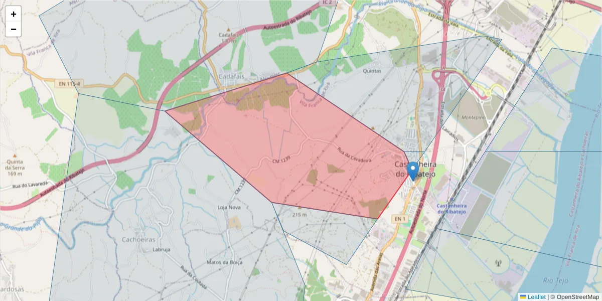 Mapa detalhado do código postal 2600-627 com limites, códigos postais vizinhos e agências dos correios