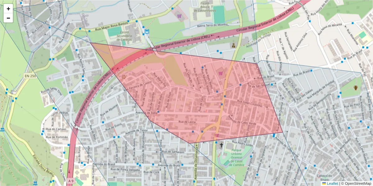 Mapa detalhado do código postal 2605-006 com limites, códigos postais vizinhos e agências dos correios