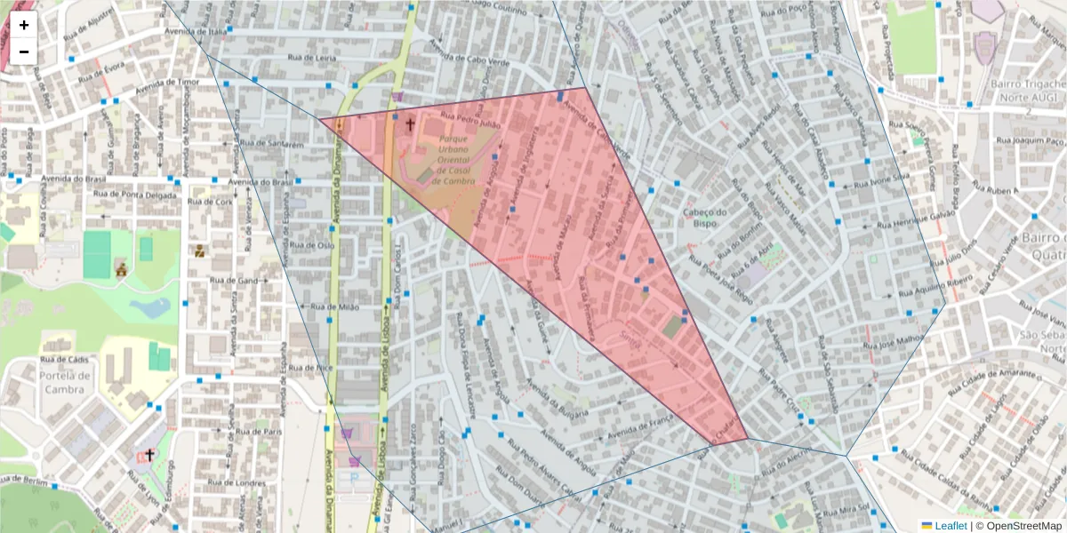 Mapa detalhado do código postal 2605-786 com limites, códigos postais vizinhos e agências dos correios