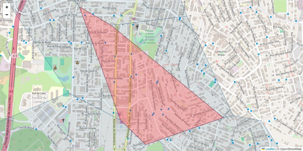 Mapa detalhado do código postal 2605-878 com limites, códigos postais vizinhos e agências dos correios