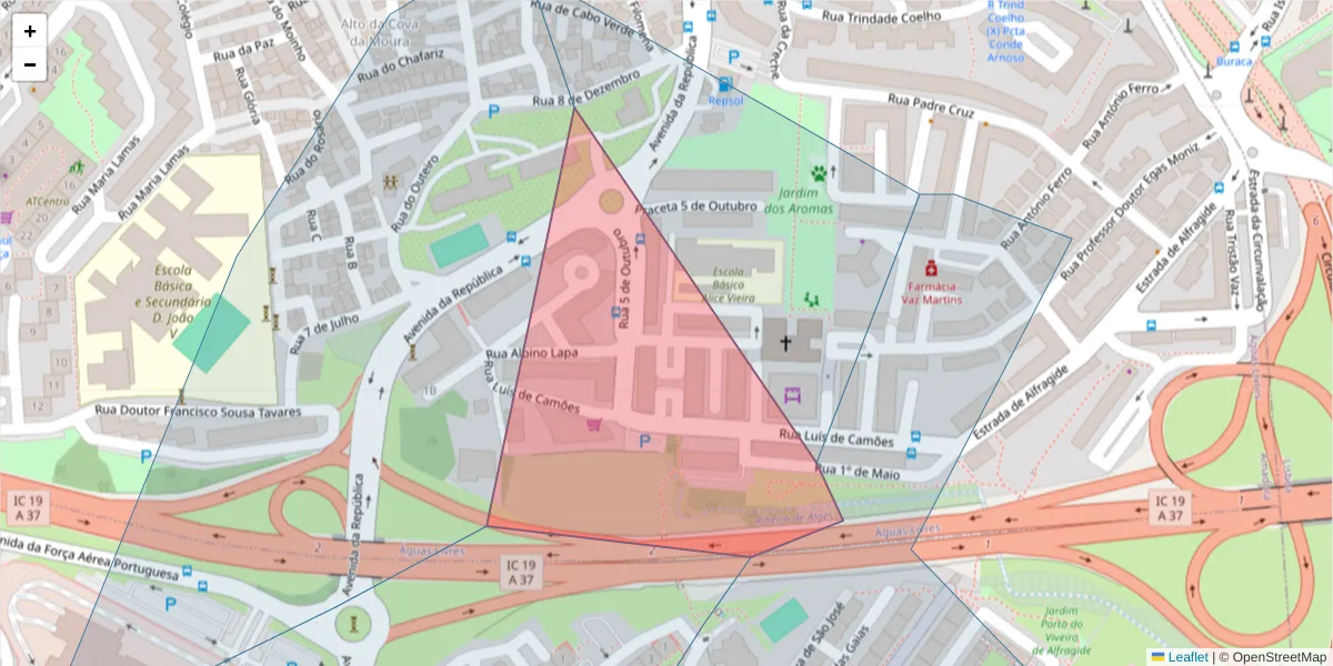 Mapa detalhado do código postal 2610-103 com limites, códigos postais vizinhos e agências dos correios
