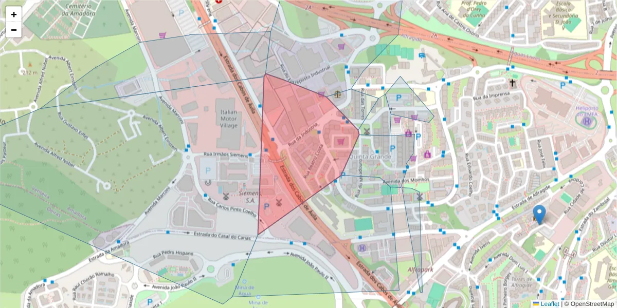 Mapa detalhado do código postal 2610-114 com limites, códigos postais vizinhos e agências dos correios