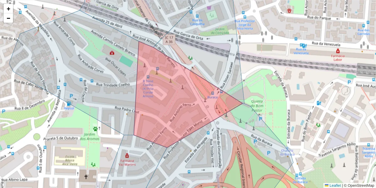 Mapa detalhado do código postal 2610-134 com limites, códigos postais vizinhos e agências dos correios