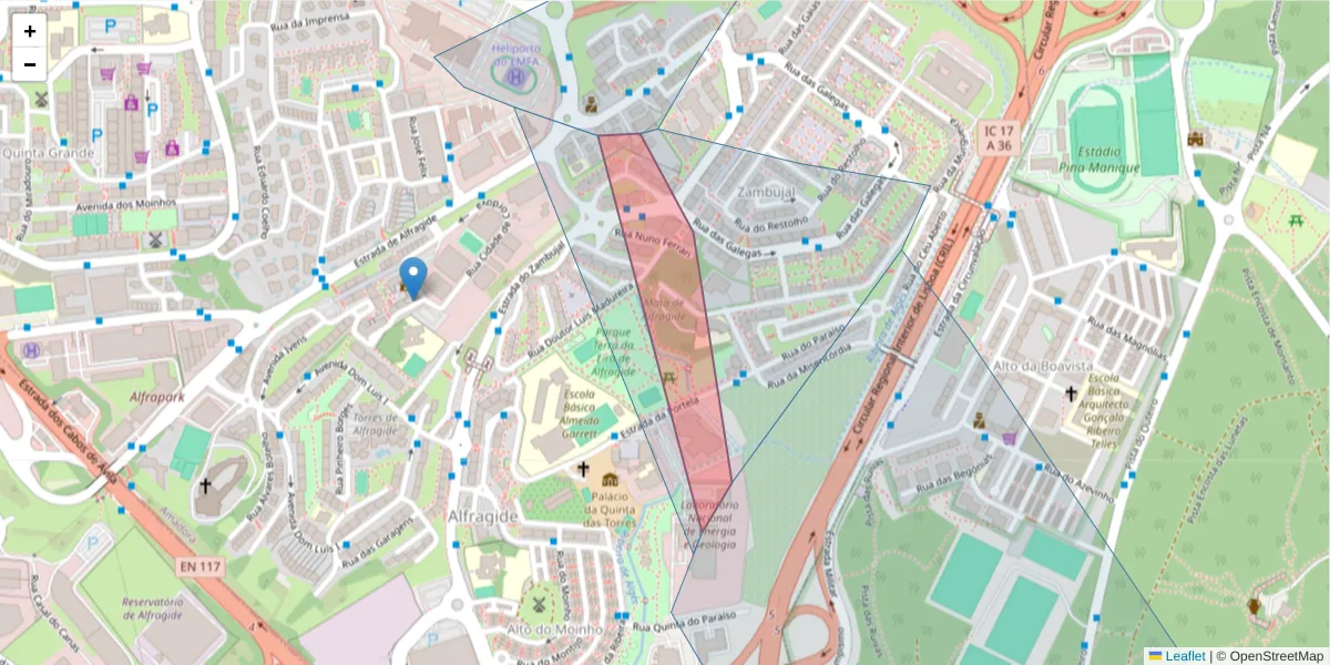Mapa detalhado do código postal 2610-265 com limites, códigos postais vizinhos e agências dos correios