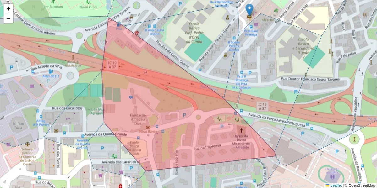 Mapa detalhado do código postal 2610-284 com limites, códigos postais vizinhos e agências dos correios
