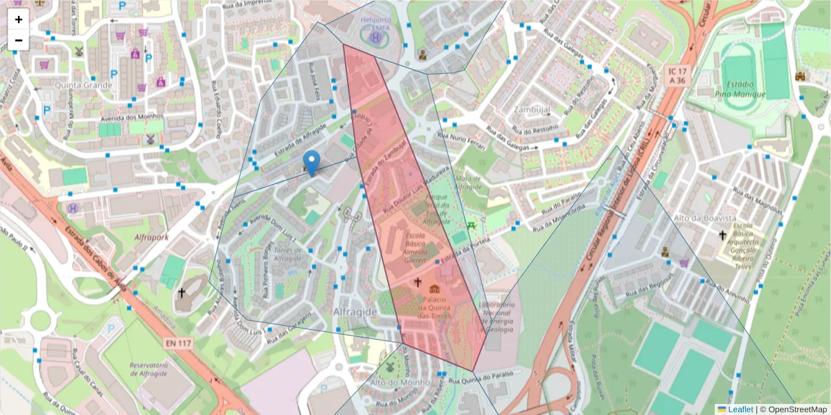 Mapa detalhado do código postal 2610-287 com limites, códigos postais vizinhos e agências dos correios