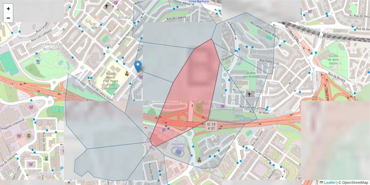 Mapa detalhado do código postal 2610-301 com limites, códigos postais vizinhos e agências dos correios
