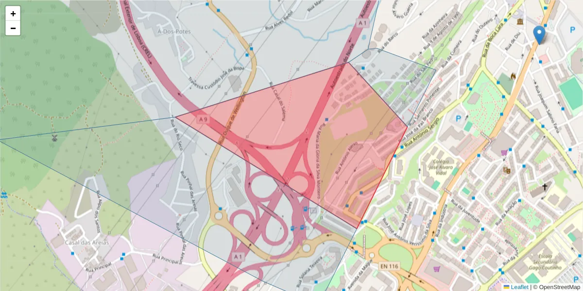 Mapa detalhado do código postal 2615-075 com limites, códigos postais vizinhos e agências dos correios