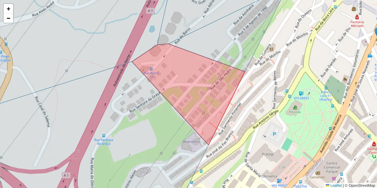 Mapa detalhado do código postal 2615-077 com limites, códigos postais vizinhos e agências dos correios