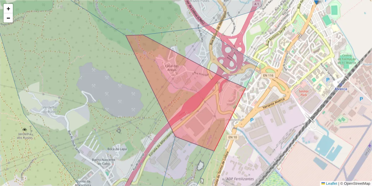 Mapa detalhado do código postal 2615-164 com limites, códigos postais vizinhos e agências dos correios