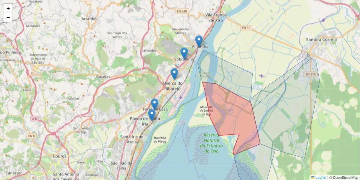 Mapa detalhado do código postal 2615-173 com limites, códigos postais vizinhos e agências dos correios