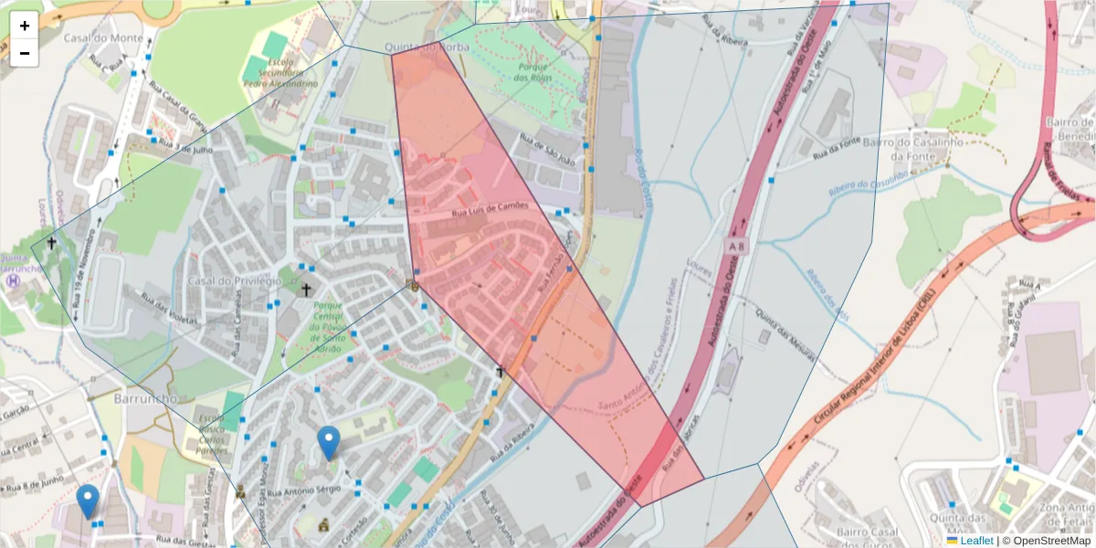 Mapa detalhado do código postal 2620-092 com limites, códigos postais vizinhos e agências dos correios