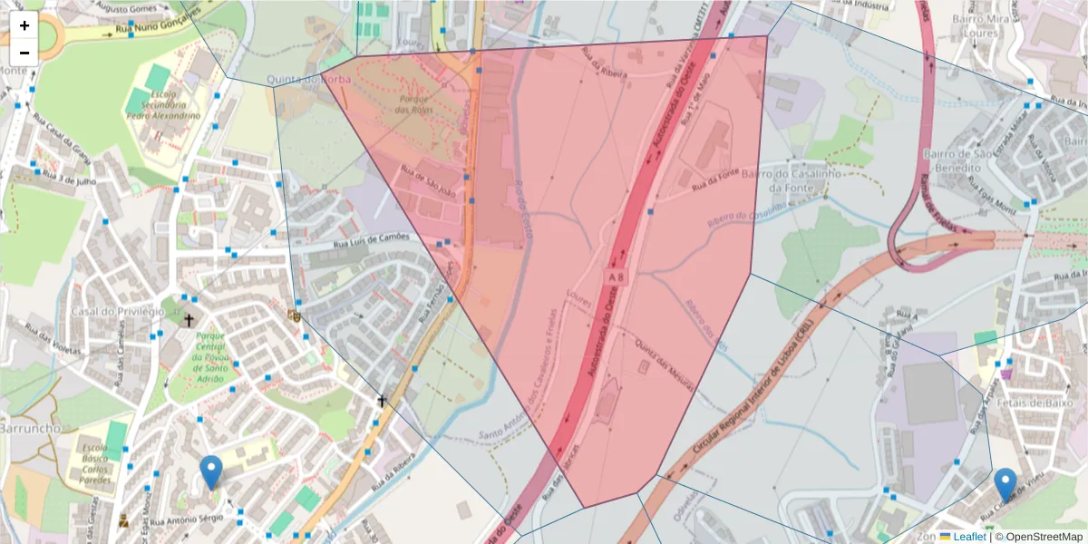 Mapa detalhado do código postal 2620-105 com limites, códigos postais vizinhos e agências dos correios