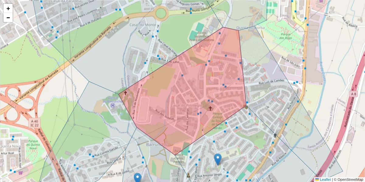 Mapa detalhado do código postal 2620-153 com limites, códigos postais vizinhos e agências dos correios