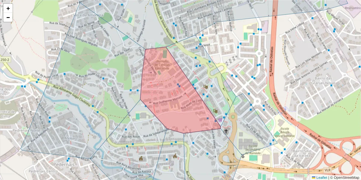 Mapa detalhado do código postal 2620-260 com limites, códigos postais vizinhos e agências dos correios