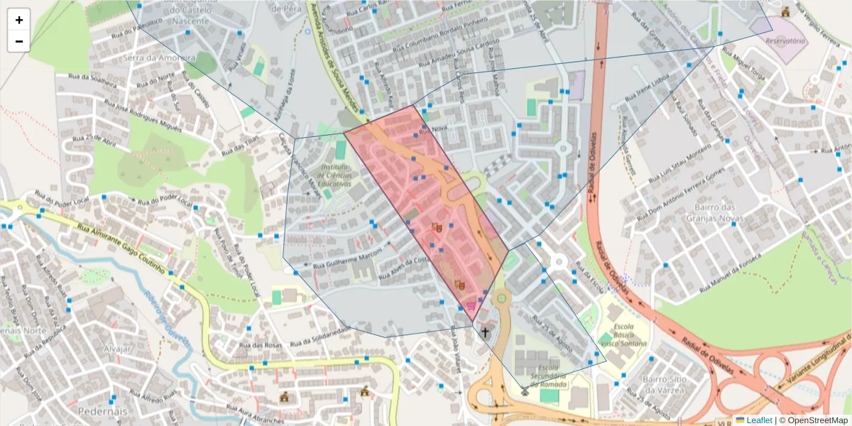 Mapa detalhado do código postal 2620-291 com limites, códigos postais vizinhos e agências dos correios
